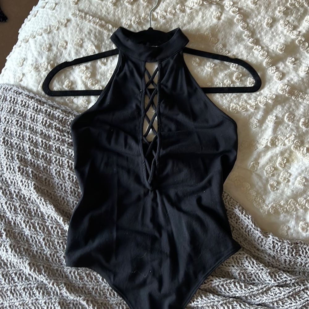 Lace up high neck bodysuit